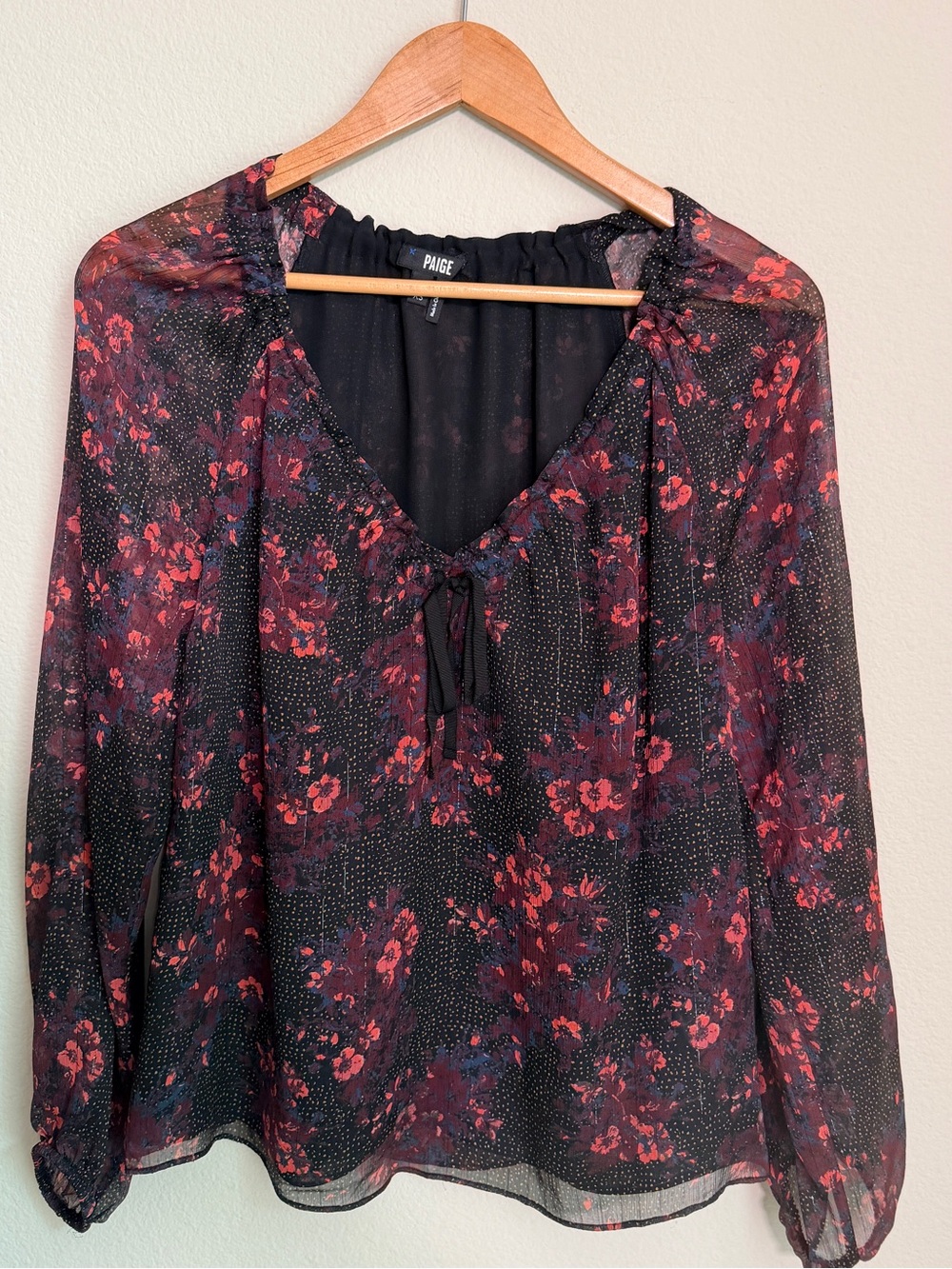 PAIGE Black Floral 100% Silk V-Neck blouse with bow detail & metallic thread XS